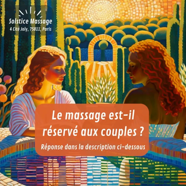 🌿✨ Le massage est-il réservé aux couples ? Et pendant la Saint-Valentin ? ✨🌿

Beaucoup d'entre nous associent souvent le massage à une expérience intime partagée entre partenaires. Mais est-ce vraiment exclusivement réservé aux couples ? 🤔 Absolument pas !

💆‍♂️ Le massage est une forme de thérapie qui va bien au-delà des frontières de la romance. Il s'agit d'une pratique profondément bénéfique pour le bien-être physique et mental, et cela peut être partagé avec n'importe qui, un. ami.e proche, un.e parent.e aimant.e, un frère ou une sœur attentionné.e, tant qu'il y a consentement et confort mutuel. Qu’il s’agisse de masser soi-même un proche, de lui offrir une séance ou de la partager à deux, le lien de confiance et d'intimité que vous partagez peut enrichir cette expérience de manière significative. Cerise sur le gâteau, on peut même s'auto-masser ou s'offrir un massage à soi-même !

💼 De plus, le massage peut également s’offrir à des personnes moins proches comme des collègues pour célébrer des occasions spéciales ? Que ce soit pour un anniversaire, un pot de départ, une promotion, un mariage ou même l’arrivée d’un heureux évènement, un massage est une délicate attention pour offrir un moment d’exception et marquer le coup !

💌 Et à l'approche de la Saint-Valentin, n'oubliez pas que le massage peut être une belle façon d'exprimer votre amour et votre affection envers n'importe qui dans votre vie. Que ce soit pour un.e ami.e chèr.e, un.e parent.e, ou même pour vous-même, offrir ce moment de détente et de connexion peut être un geste précieux.

En fin de compte, le massage est une expérience qui transcende les liens romantiques. Il s'agit d'une opportunité de se connecter, de se détendre et de se sentir bien, peu importe à qui vous l’offrez ou avec qui vous choisissez de la partager. 💖